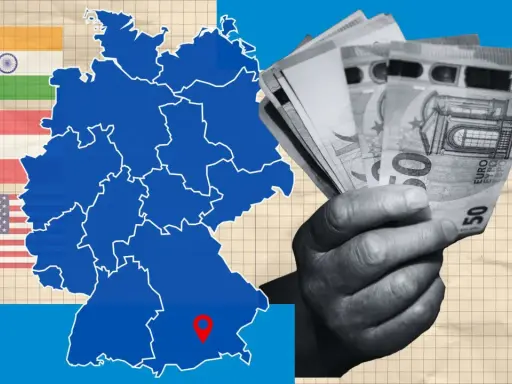 Deutschlandkarte mit Flaggen von Indien, Österreich und den USA. Eine Hand hält Euro-Scheine, symbolisch für das Leben ohne Geld.