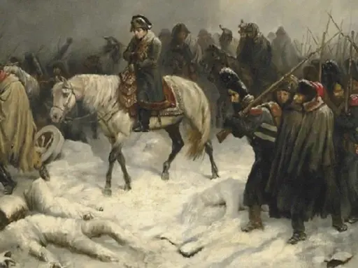 Napoleon in Deutschland: Soldaten im Schnee, ein Reiter auf einem weißen Pferd, im Hintergrund eine marschierende Armee.