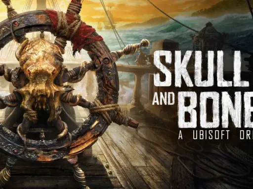Koło sterowe z czaszką i kośćmi, w tle sztormowe morze i żaglowce. Tytuł gry "Skull and Bones".