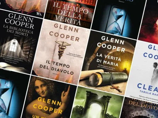 Copertine di libri di Glenn Cooper in ordine cronologico: "La biblioteca dei morti", "Il tempo del diavolo", "La verità di Maria", "Clean Tabula Rasa", "Dannati".