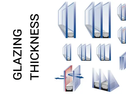 Ilustraciones de diferentes grosores de cristal, mostrando unidades de doble y triple panel con espacios de aire.