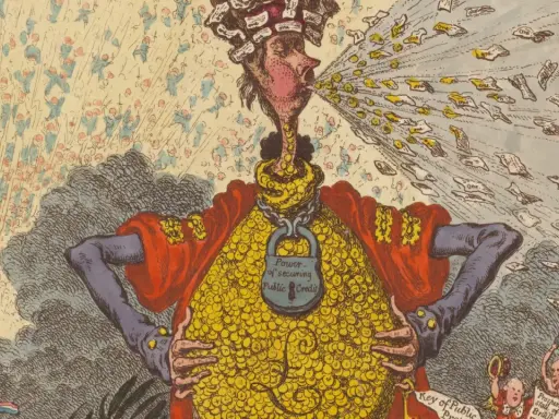A satirical cartoon, one of many funny famous paintings, depicts a figure spewing coins and banknotes, his body a vault of gold, chained with "Public Credit.