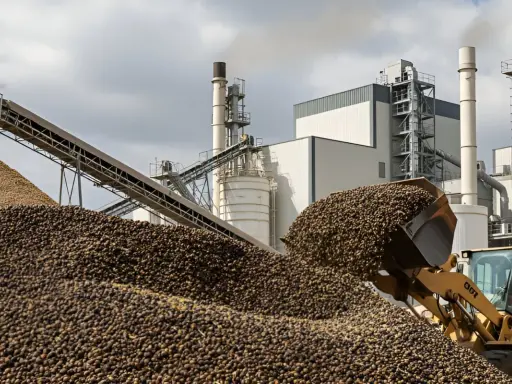 Cargador frontal descarga montón de aceitunas en planta industrial. Humo sale de la caldera.