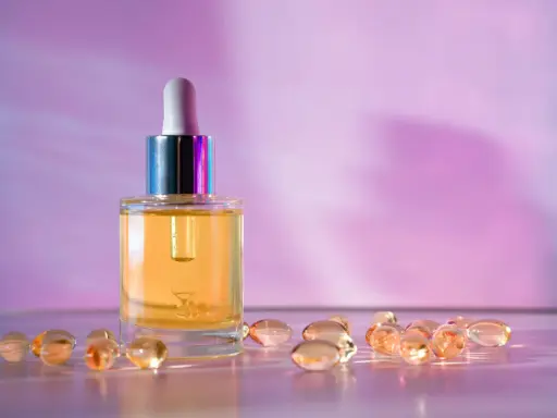 Buteleczka z serum i kapsułki na fioletowym tle. Wybór między retinol czy retinal dla pięknej skóry.
