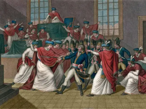 Napoleon Bonaparte im Zentrum, umgeben von Soldaten und Männern in roten Umhängen. Eine Szene des Staatsstreichs, die Machtübernahme wird dargestellt.