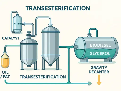 Schéma de transestérification montrant comment convertir du diesel en biodiesel à partir d'huile/graisse, de méthanol et d'un catalyseur.