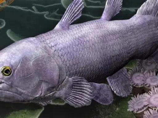 Un antico celacanto pesce, con scaglie violacee e pinne lobate, nuota tra anemoni marini e crinoidi.