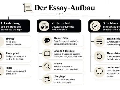 Schema zum Aufbau eines Essays: Einleitung, Hauptteil mit Analyse, Schluss. Hilft beim Analyse schreiben Englisch.
