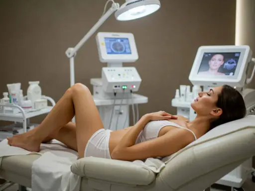 Femme détendant dans un institut de beauté, profitant d'un soin minceur avec des appareils high-tech.