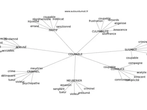 Carte mentale explorant les synonymes de "coupable" : accusé, suspect, criminel, meurtrier, complice, et les nuances de la culpabilité.
