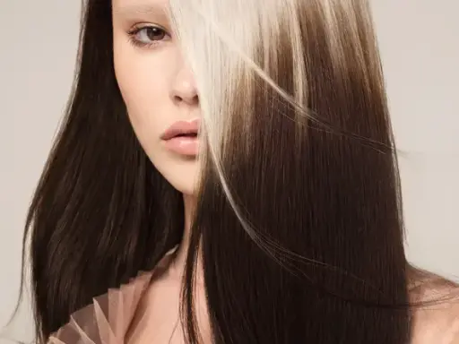 Mujer con cabello oscuro y mechones rubios claros, un estilo de **reverse balayage** que resalta su rostro.
