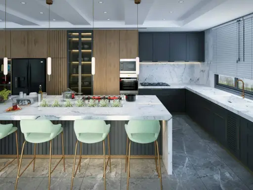 Moderne Küche mit Marmor-Arbeitsplatte, dunklen Schränken und Akzenten aus Holz. Die Lichtplanung im Neubau setzt die elegante Atmosphäre perfekt in Szene.