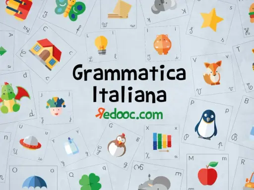 Immagine con carte illustrate per imparare l'italiano, perfette per giochi grammaticali online. Alfabeto, animali e oggetti per divertirsi studiando.