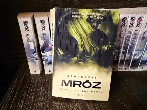 Książka "Cienie pośród mroku" Remigiusza Mróza, tom 6 z serii, obok innych tytułów autora.