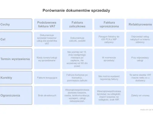 Tabela porównuje dokumenty sprzedaży, uwzględniając cel, termin wystawienia i ograniczenia, co wpływa na **datę powstania obowiązku podatkowego**.