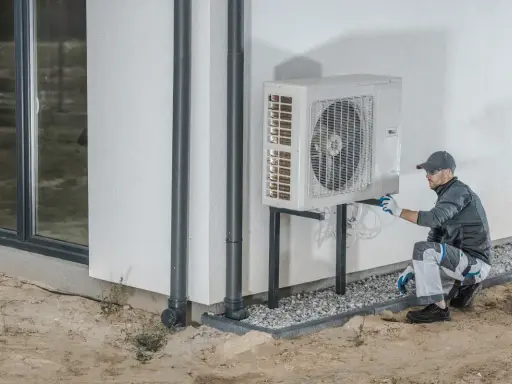 Tecnico che installa un inverter per pompa di calore all'esterno di un edificio.