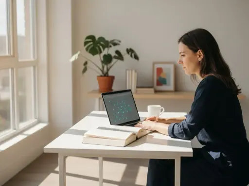 Kobieta pracuje przy laptopie, na ekranie schemat. Obok otwarta książka i kubek. Zastanawia się, studia podyplomowe co to?