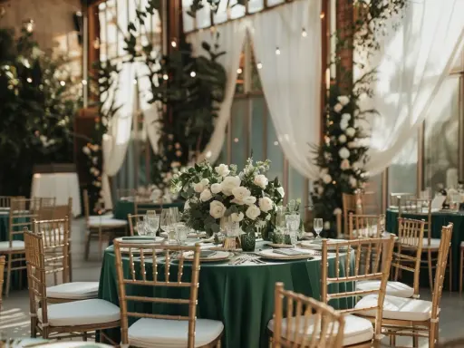 Tables dressées de vert profond, couleur du renouveau, ornées de roses blanches. Chaises dorées et lumières douces créent une ambiance festive.