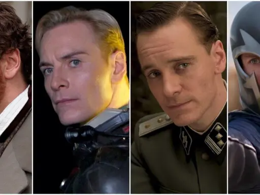 Michael Fassbender i olika roller: en man med rött skägg, en futuristisk karaktär, en militär och Magneto.