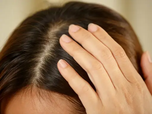 Main d'une femme effleurant son cuir chevelu, peut-être pour vérifier un kyste ou une irritation.