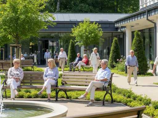 Seniorzy odpoczywają w pięknym ogrodzie przy sanatorium. Zastanawiasz się, ile kosztuje pobyt w sanatorium?