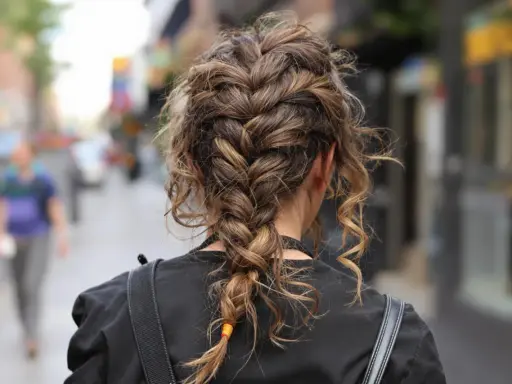 Eine halboffen hochsteckfrisur mit geflochtenen Strähnen und einzelnen locken, die lässig herabhängen.