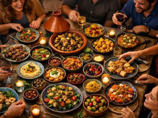 Un joyeux repas d'été entre amis, avec une table débordante de plats variés : brochettes, salades, tajine, houmous et fruits.
