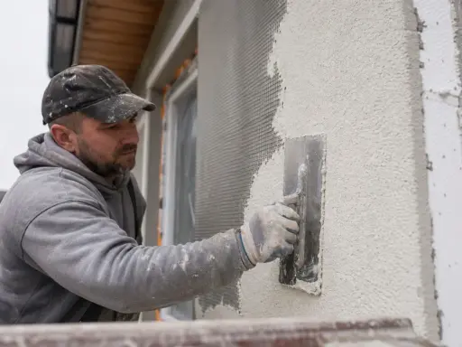Budowlaniec nakłada tynk silikatowo silikonowy na elewację, używając kielni. Siatka zbrojeniowa jest widoczna pod świeżą warstwą.