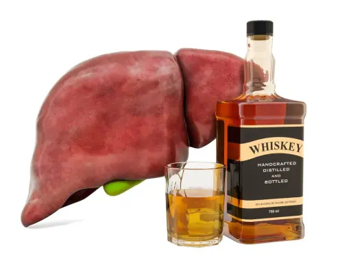 Wątroba obok butelki whiskey i szklanki z alkoholem symbolizuje negatywne skutki nadmiernego spożycia alkoholu, czyli spalanie alkoholu.