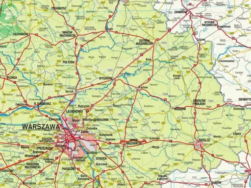 Mapa drogowa województwa warszawskiego z zaznaczonymi miastami i drogami.