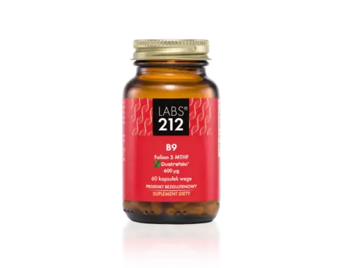 Buteleczka suplementu diety z kwasem foliowym metylowanym (B9 Folian 5 MTHF, 600 µg). Produkt bezglutenowy, 60 kapsułek wege.