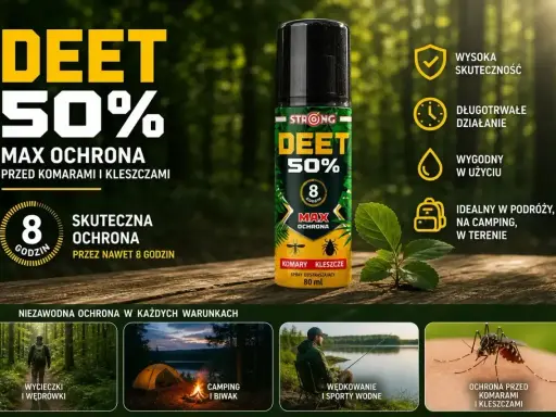 Spray DEET 50% to max ochrona przed komarami i kleszczami, działający do 8 godzin. Idealny na wycieczki, camping i wędkowanie.