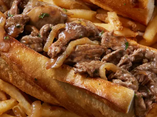 Un delicioso pepito de ternera jugoso, relleno de tiernos trozos de carne y cebolla caramelizada, acompañado de crujientes patatas fritas.
