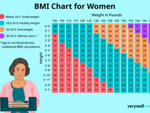 Tabela BMI dla kobiet: jak obliczyć BMI, uwzględniając wzrost i wagę. Kolory wskazują kategorie: niedowaga, zdrowa waga, nadwaga, otyłość.
