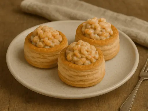 Trzy puszyste vol-au-vent z krewetkami na talerzu, gotowe do degustacji.
