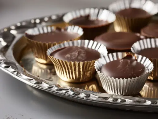 En bricka med hemgjorda ischokladpraliner i guldfärgade pappersformar. Perfekt för ett enkelt ischoklad recept.