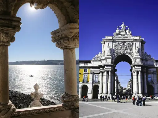 Zwei Ansichten von Lissabon: ein sonniger Blick auf das Meer durch einen steinernen Torbogen und der Triumphbogen Rua Augusta.