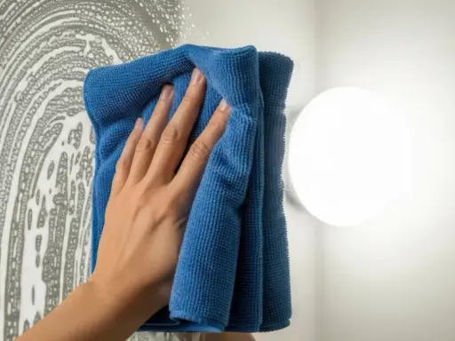Hand putzt Spiegel mit blauem Mikrofasertuch. Perfekt für welche Lappen zum Bad putzen.
