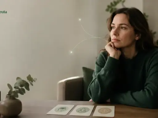 Kobieta zamyślona przy stole, na którym leżą karty z symbolami. Może to być sesja z terapeutą lub psychologiem.