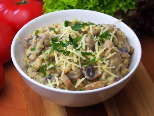 Pyszne risotto z pieczarkami, posypane startym serem i świeżą natką pietruszki, czeka w białej miseczce.
