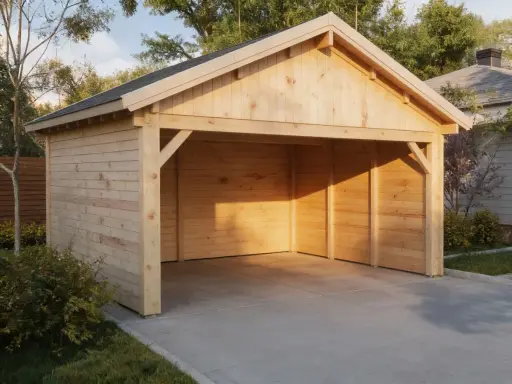 Carport en bois clair, offrant une belle surface de plancher pour abriter un véhicule. L'ombre du soleil couchant joue sur les lattes.