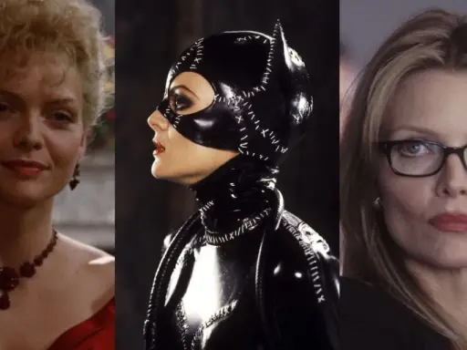 Michelle Pfeiffer i tre ikoniska roller: som en elegant dam, som den legendariska Catwoman och som en kvinna med glasögon. Filmer med Michelle Pfeiffer.