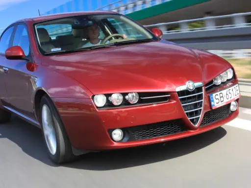 Czerwone Alfa Romeo 159 1.9 JTD pędzi po drodze, kierowca skupiony na trasie.