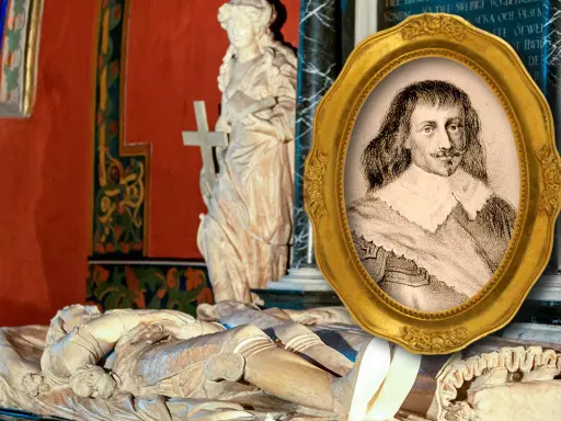 Porträtt av Torsten Stålhandske i guldram över en gravsten med en liggande figur.