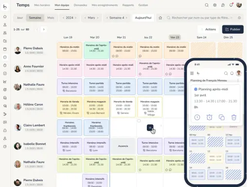 Un planificateur d'application affiche un calendrier hebdomadaire avec des horaires pour plusieurs employés. Une vue mobile montre un planning détaillé.