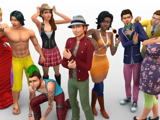 Grupa postaci z gry Sims 4, w tym kobiety w czerwonej sukni i w stroju kowbojki, mężczyźni o wyrzeźbionych ciałach, w marynarkach i z irokezem. Wszyscy wyglądają jakby byli stworzeni przez graczy, którzy lubią simsy 4 mody.