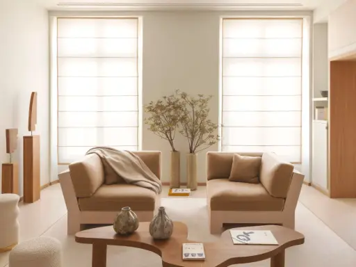 Soggiorno in stile feng shui casa: divani accoglienti, vasi decorativi e sculture in legno creano un'atmosfera serena e armoniosa.