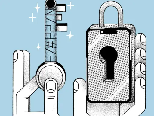 Ein Finger hält einen Schlüssel mit der Aufschrift "VERZWEIFELT", während eine andere Hand ein Smartphone mit einem Schloss hält. Ein Versuch, ein Konto zu hacken, ist im Gange.