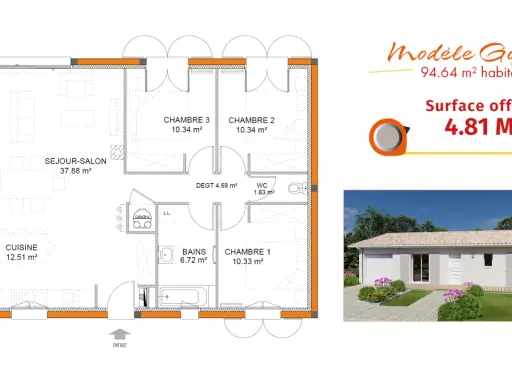 Plan de maison simple et jolie : modèle Goji, 94.64 m², avec séjour-salon, cuisine, 3 chambres, bains et WC.