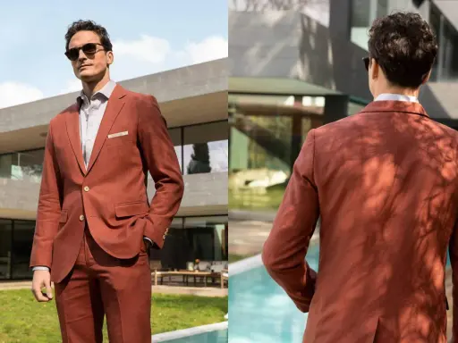 Man in a rust-colored suit, perfect semi formal attire for a wedding. He wears sunglasses and a light shirt, looking dapper outdoors.
